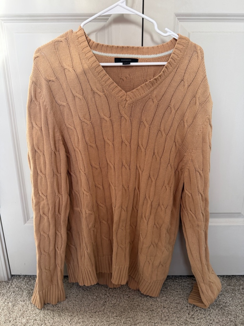 Express Women’s Cable V-Neck Sweater in Camel Tan